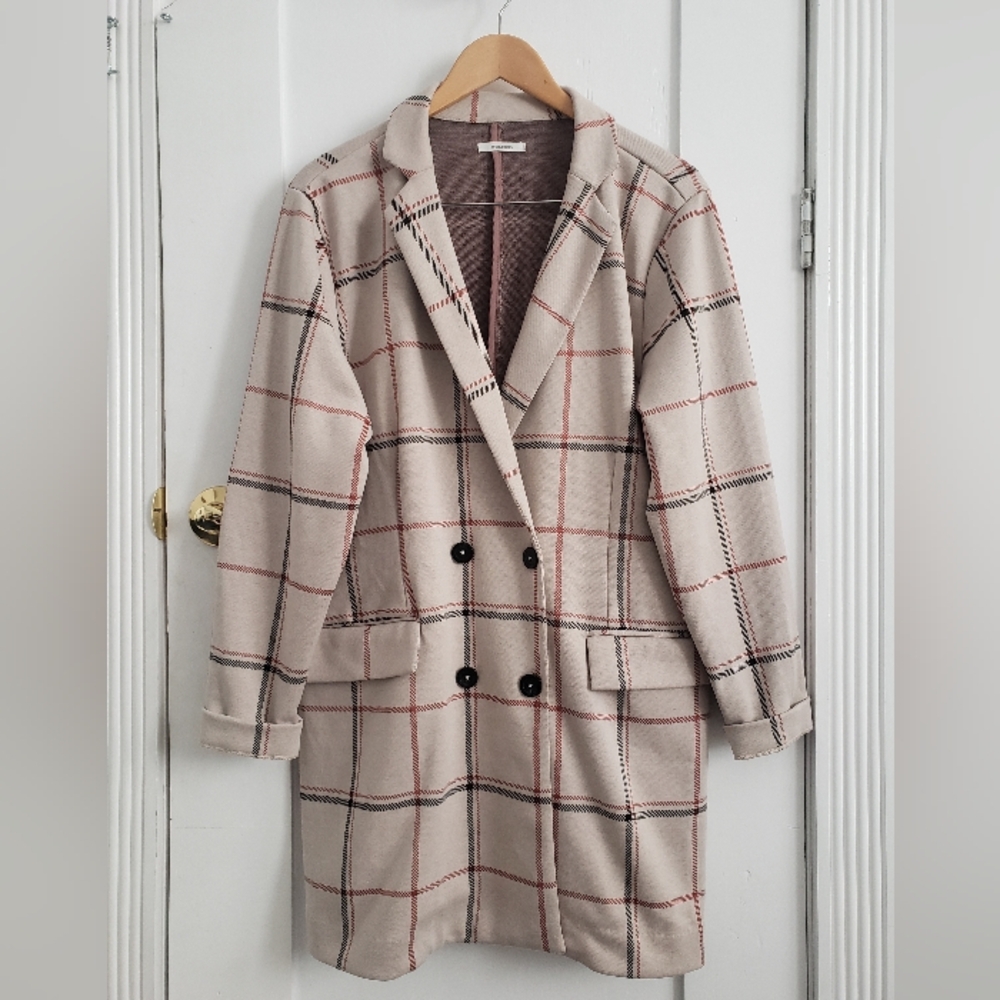 Plaid Maurices Double-Breasted Women's Coat L Cream Tan Business Fall Winter - Picture 1 of 8